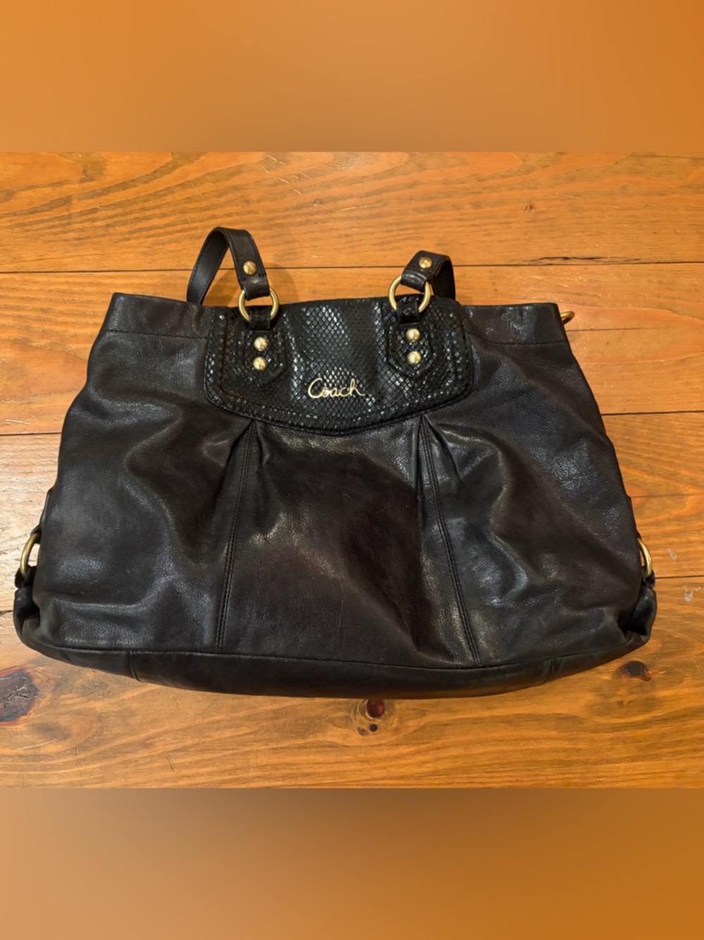 Coach Black Leather Ashley Carryall Bag with Textured Flap